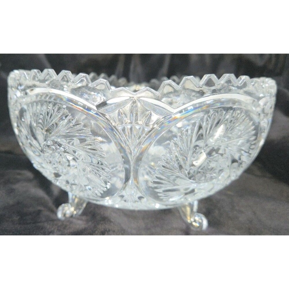 Vintage Bohemia Pinwheel Cut Crystal Footed Bowl 3 Snail Feet Clear 1970s